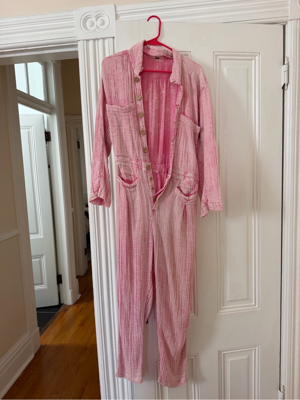 Free People Pink Button-Front Long Jumpsuit